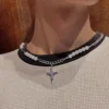 Vòng cổ ngọc trai chữ thập mắt xích - Phong cách Hàn Quốc cá tính unisex