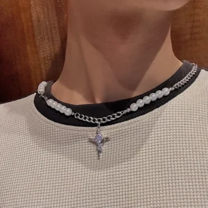 Vòng cổ ngọc trai chữ thập mắt xích - Phong cách Hàn Quốc cá tính unisex
