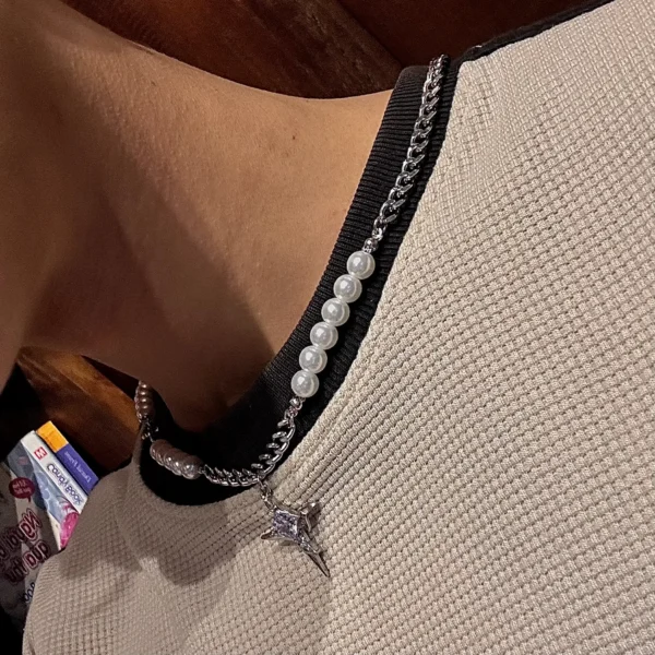 Vòng cổ ngọc trai chữ thập mắt xích - Phong cách Hàn Quốc cá tính unisex