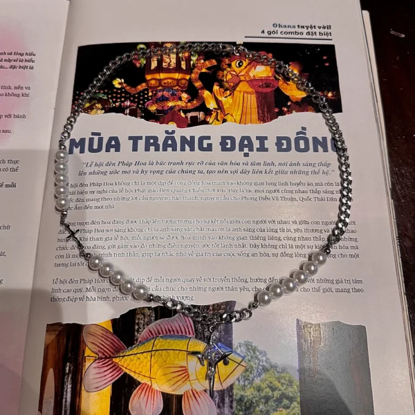 Vòng cổ ngọc trai chữ thập mắt xích - Phong cách Hàn Quốc cá tính unisex